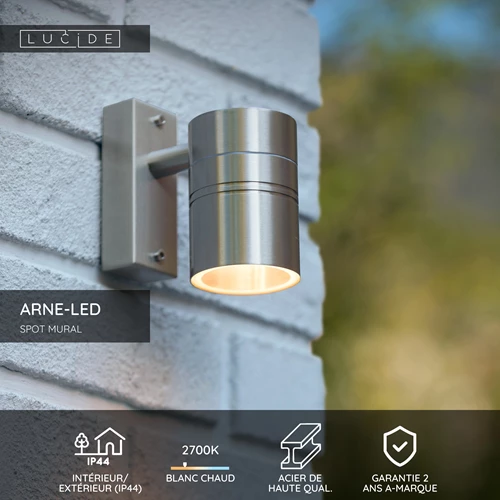 Lucide ARNE-LED - Spot mural / Applique mural Intérieur/Extérieur - Ø 6,3 cm - LED - GU10 - 1x5W 2700K - IP44 - Chrome Dépoli - USP